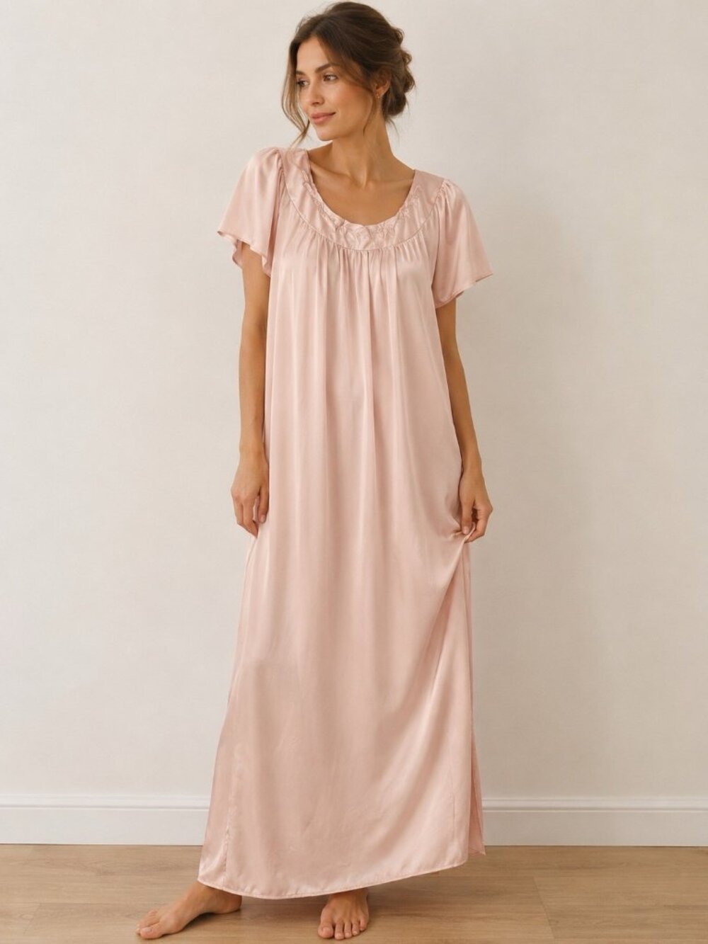 Miss Elaine Women's Pink Flutter Sleeve  Full-Length Nightgown Size L